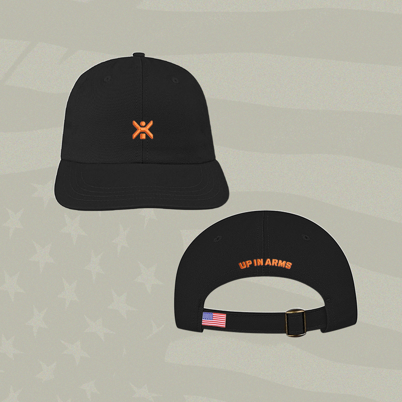 Front and back of up in arms hat with logo and wordmark