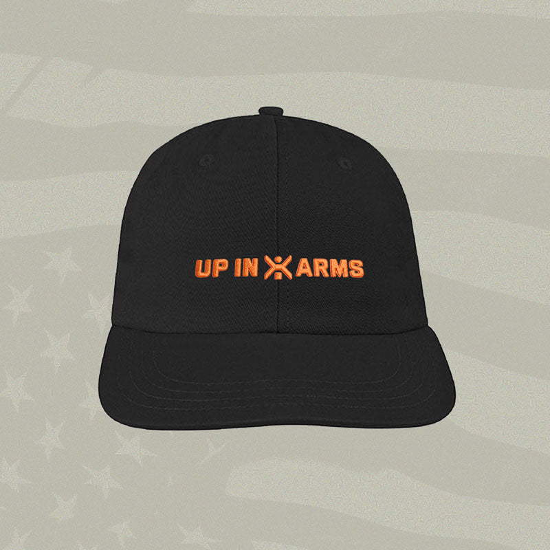 Black cap with 'UP IN ARMS' text in orange on a light gray background